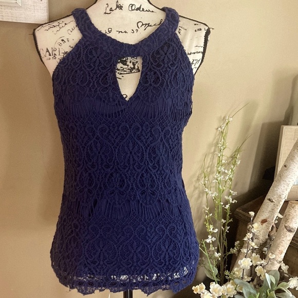 Pinky size large navy blue women’s sleeveless tank top lace - Picture 1 of 9